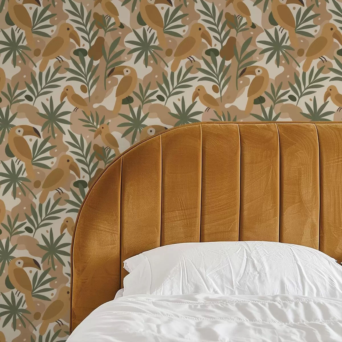 Papel pintado Tucanes estilizados entre hojas de palmera a00762