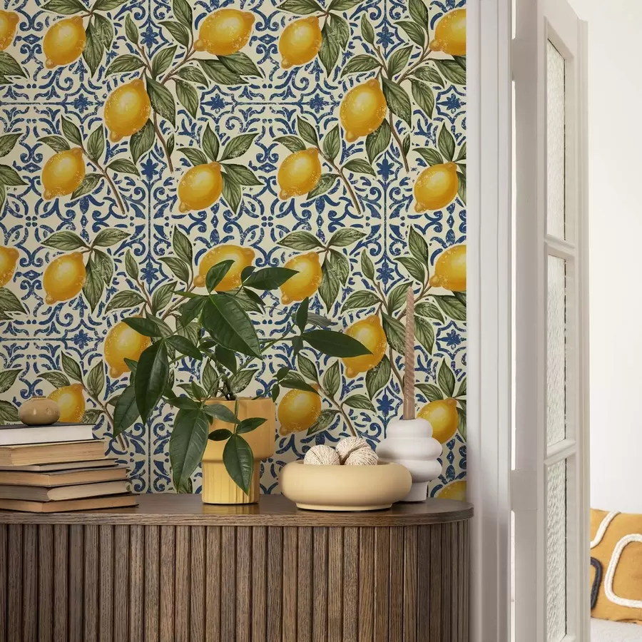 murales de pared Ramas de limón con fondo ornamental azul a00763