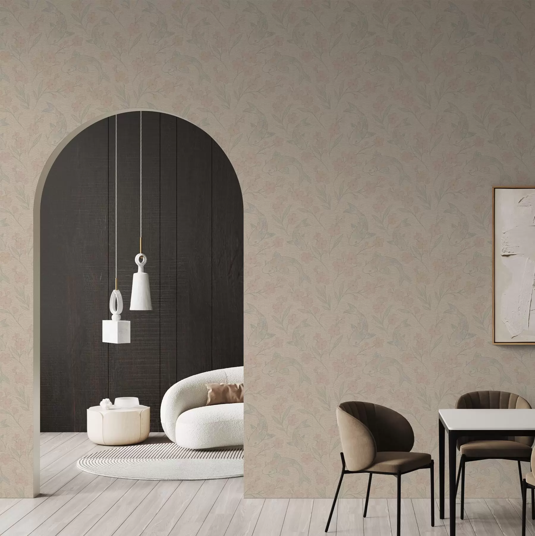 murales de pared Carpas entre flores en suaves tonos beige y rosa a00766