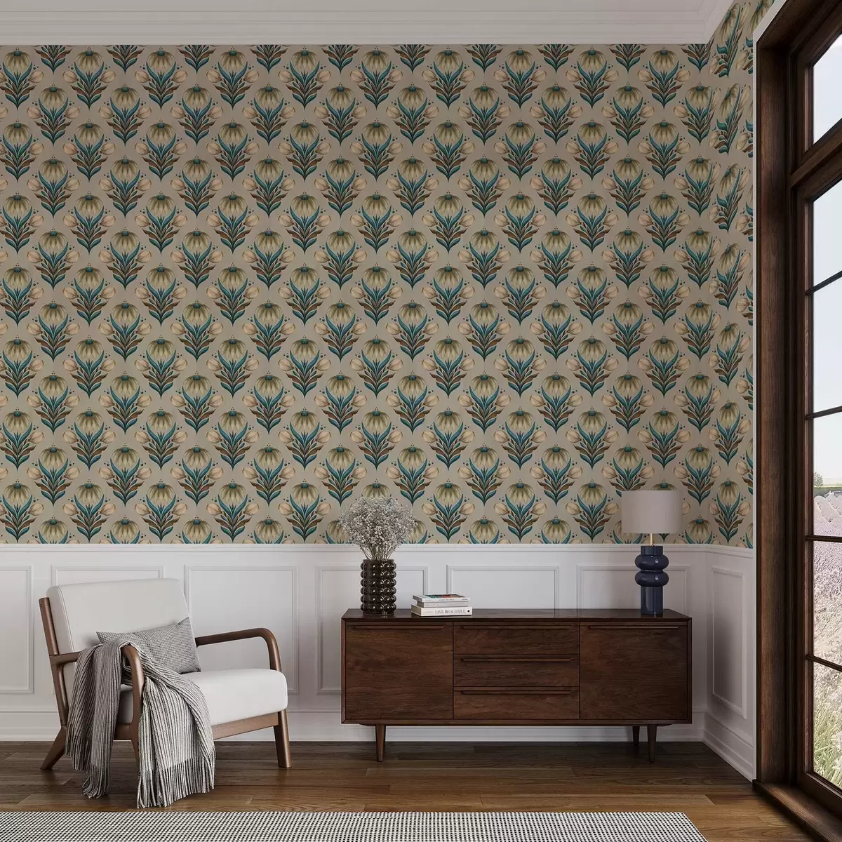 Papel pintado Adorno floral simétrico en tonos cálidos a00812