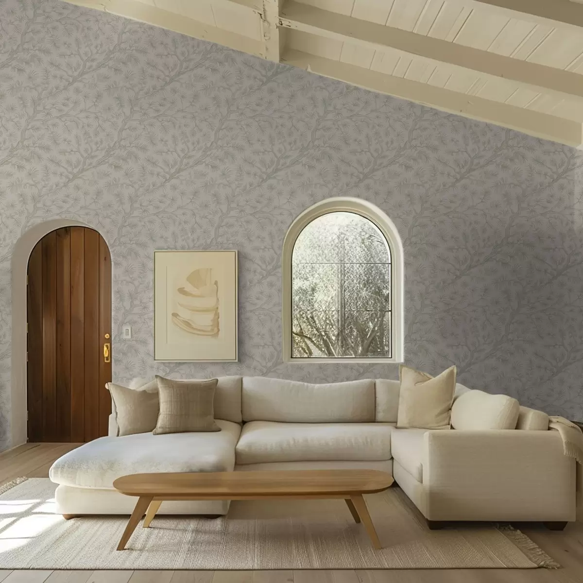 Papel pintado Ramitas de pino en tonos verde claro sobre fondo beige a00838v1