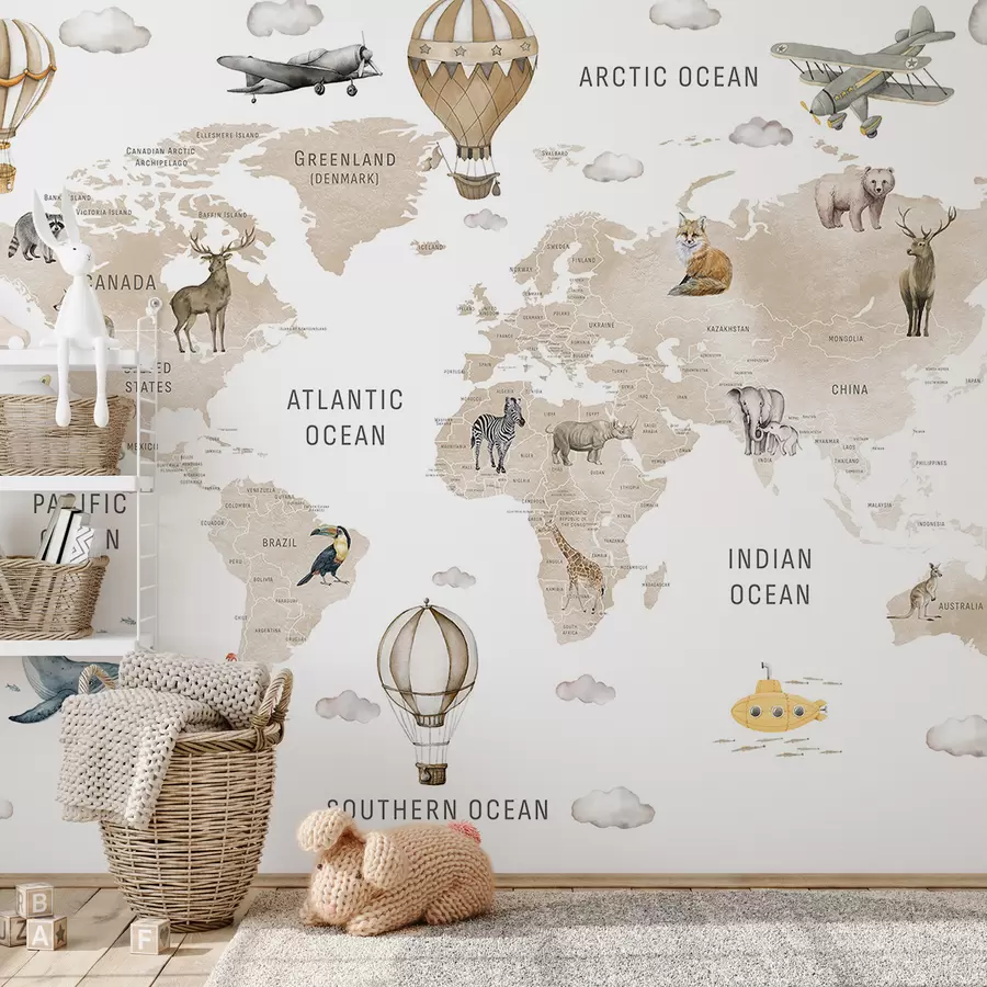 murales de pared Mapa de estilo acuarela para niños con animales y globos aerostáticos. Idioma inglés. Color beige. c00001env2