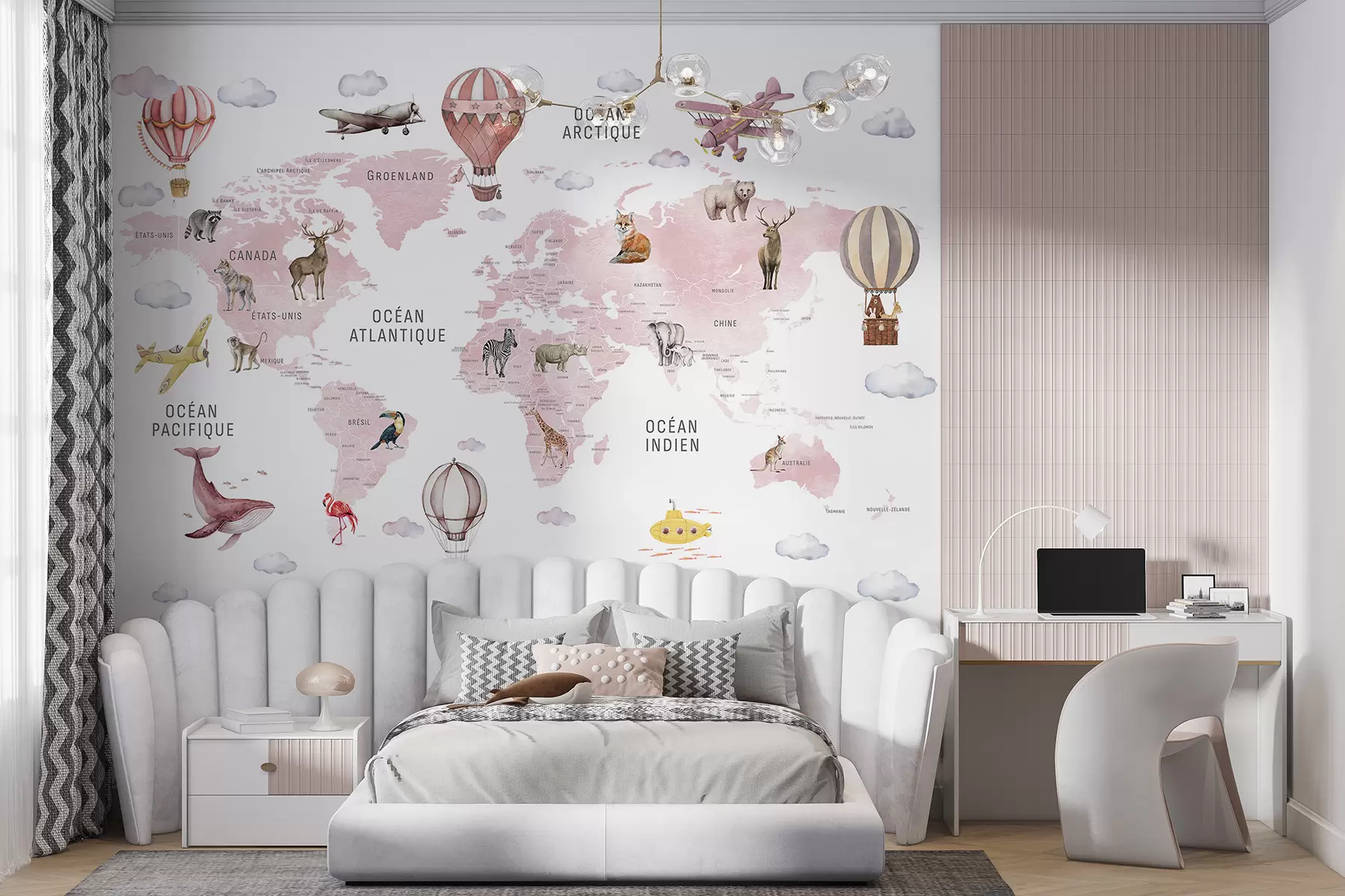 murales de pared Mapa infantil en estilo acuarela con animales y globos aerostáticos. En francés. Color rosa. c00001frv3