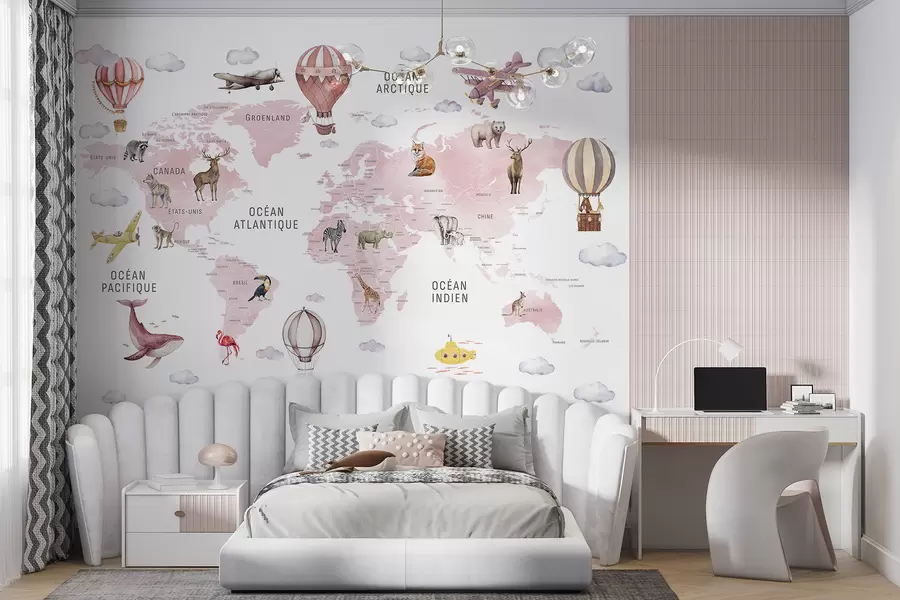 murales de pared Mapa de estilo acuarela para niños con animales y globos aerostáticos. Idioma francés. Color rosa. c00001frv3