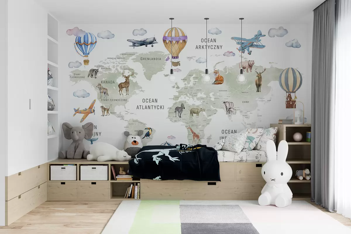 murales de pared Mapa infantil en estilo acuarela con animales y globos aerostáticos. Idioma polaco. Color verde. c00001pl