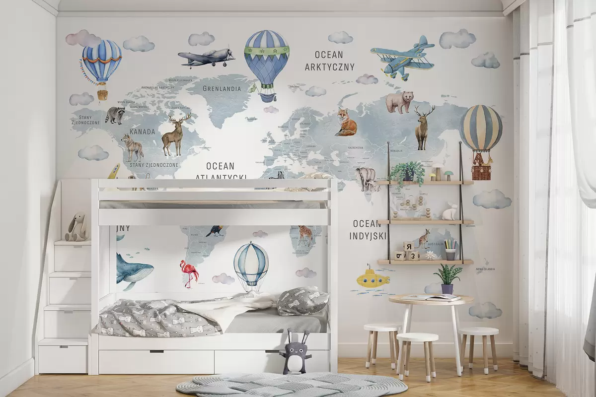 murales de pared Mapa infantil en estilo acuarela con animales y globos aerostáticos. Idioma polaco. Color azul. c00001plv1