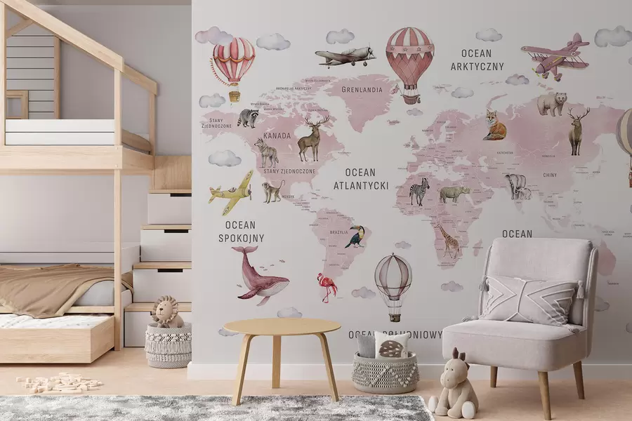 murales de pared Mapa infantil en estilo acuarela con animales y globos aerostáticos. Idioma polaco. Color rosa. c00001plv3