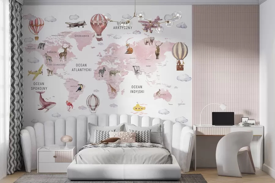 murales de pared Mapa infantil en estilo acuarela con animales y globos aerostáticos. Idioma polaco. Color rosa. c00001plv3