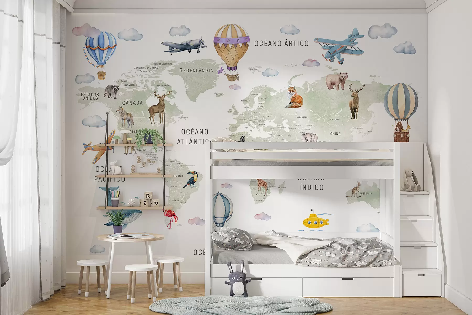 murales de pared Mapa de estilo acuarela para niños con animales y globos aerostáticos. Idioma: español. Color verde. c00001es