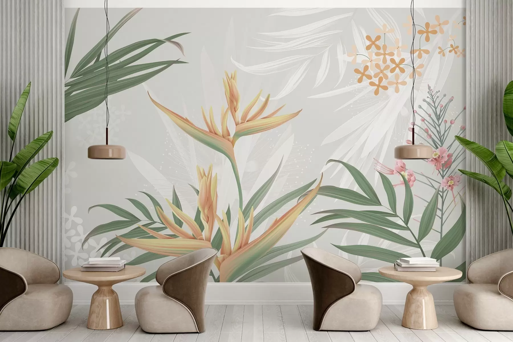 murales de pared Exóticas flores de Strelitzia entre el follaje w04783