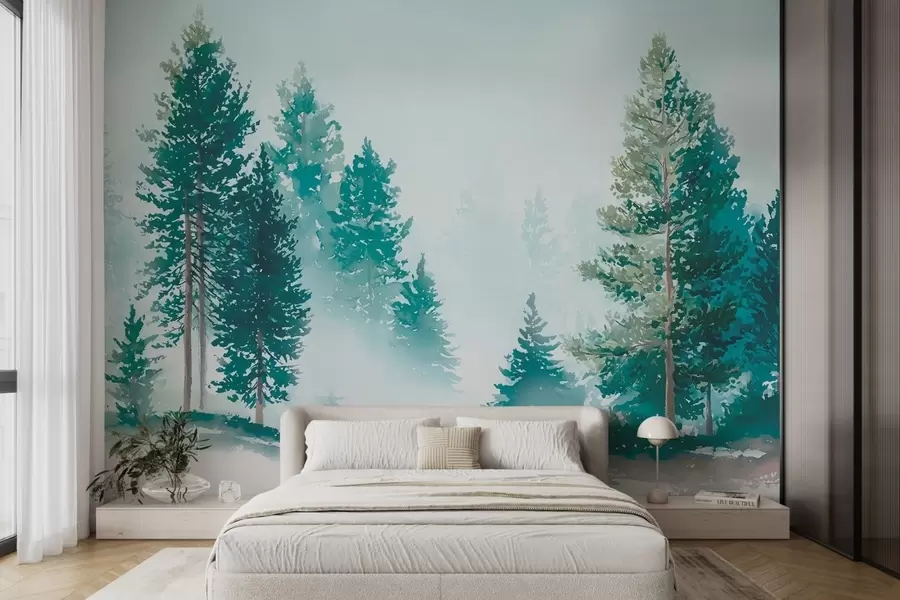 murales de pared Bosque de pinos brumoso en estilo acuarela w09444