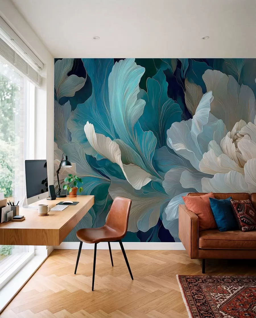 murales de pared Delicada peonía volumétrica en una paleta de colores fríos w09456