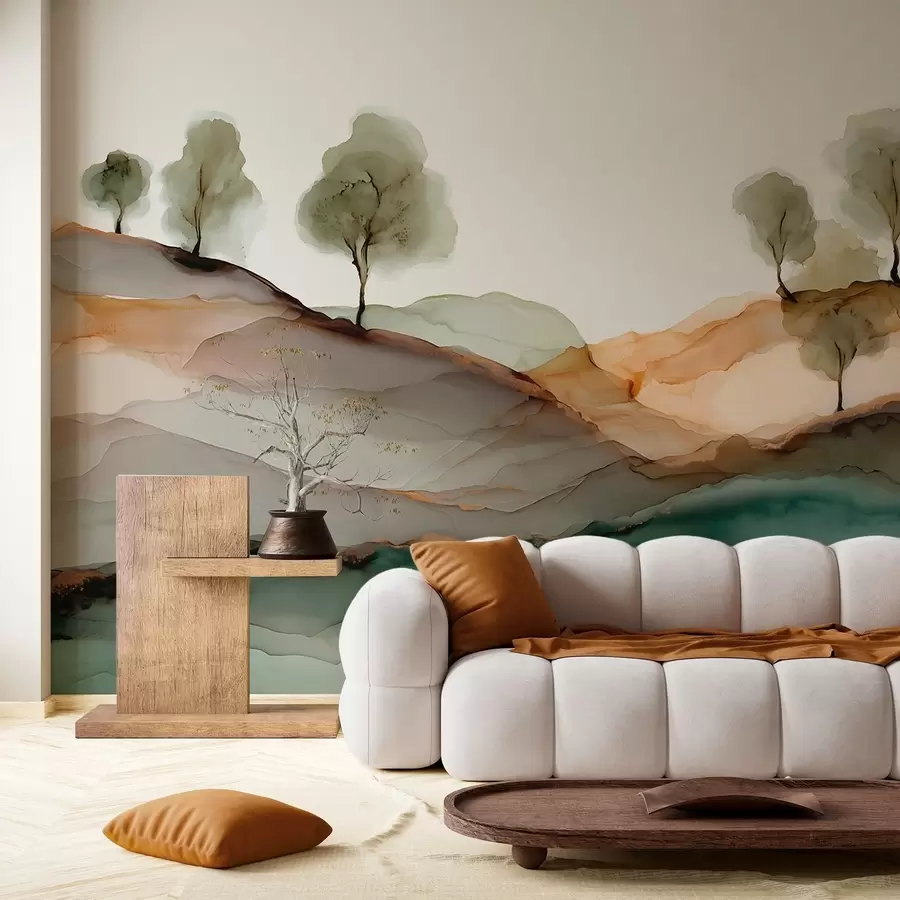 Murales de pared Paisaje abstracto en estilo tinta alcohólica: colinas y árboles en tonos pastel. w09457 murales de pared Paisaje abstracto en estilo tinta alcohólica: colinas y árboles en tonos pastel. w09457