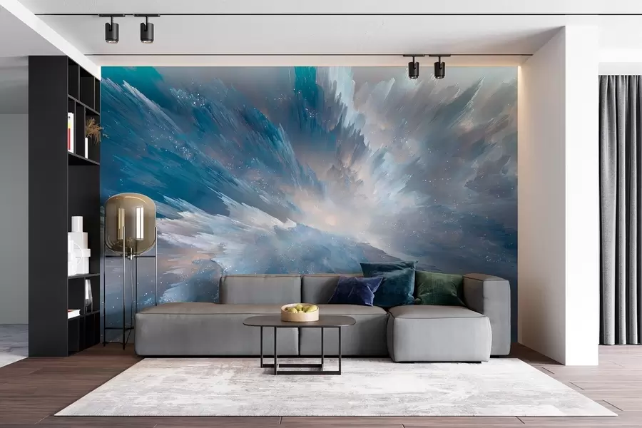 murales de pared Resumen del resplandor cósmico del cielo en tonos azules helados w09461