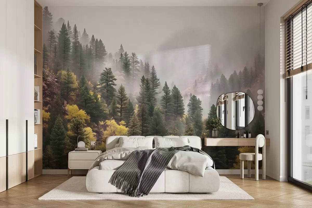 murales de pared Bosque de pinos brumoso y evocador en las montañas w09463