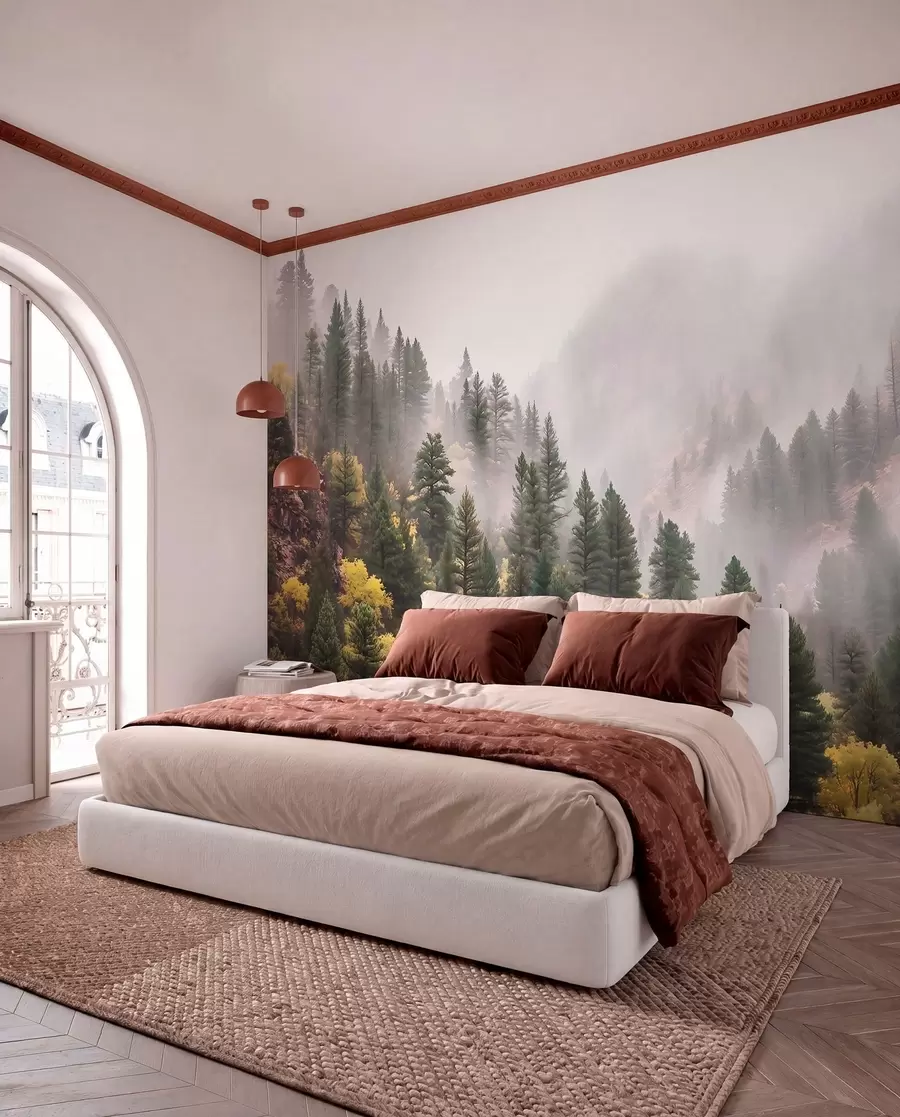 murales de pared Bosque de pinos brumoso y evocador en las montañas w09463