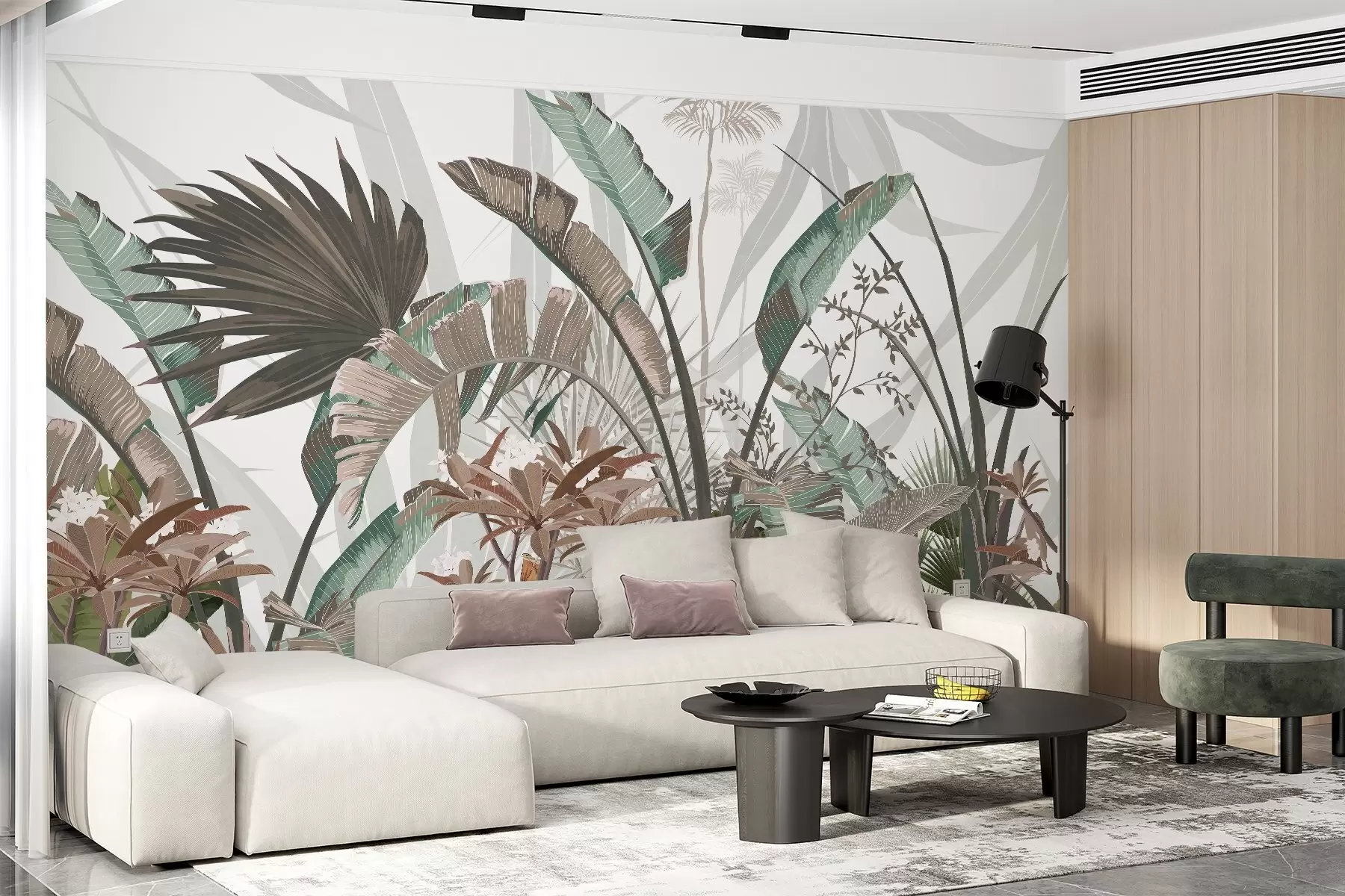 murales de pared Hojas tropicales con textura y flores, palmeras, flores de plumeria, colores pastel, fondo blanco, selva w09488