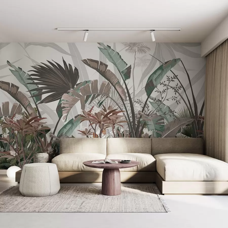 Murales de pared Hojas tropicales con textura y flores, palmeras, flores de plumeria, colores pastel, fondo blanco, selva w09488 murales de pared Hojas tropicales con textura y flores, palmeras, flores de plumeria, colores pastel, fondo blanco, selva w09488
