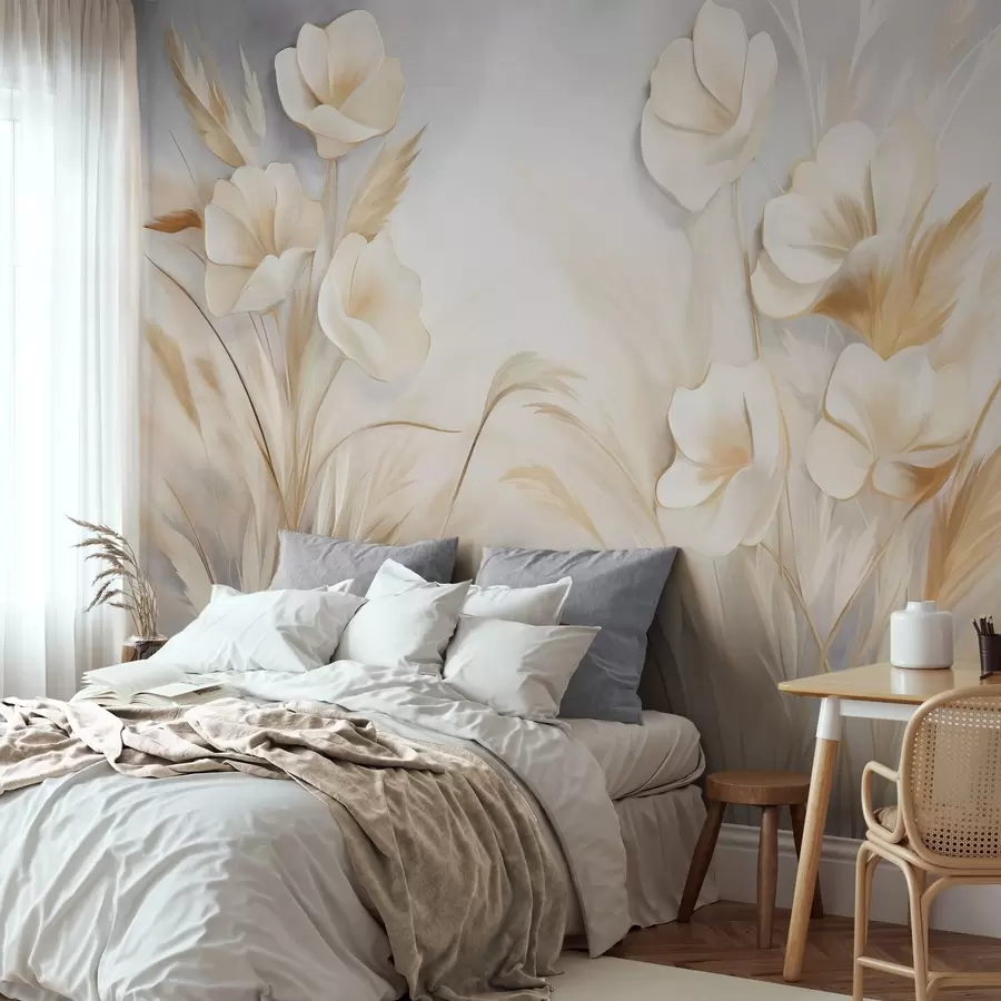 Murales de pared Flores blancas, juncos beige y hierba de la pampa, texturizado, elegante, estilo minimalista, fondo abstracto paisajístico w09490 murales de pared Flores blancas, juncos beige y hierba de la pampa, texturizado, elegante, estilo minimalista, fondo abstracto paisajístico w09490