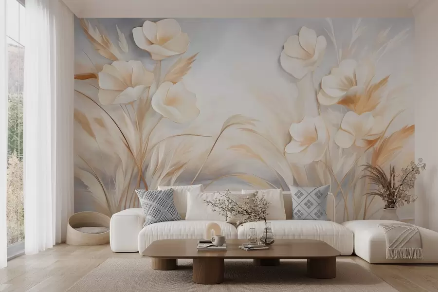 murales de pared Flores blancas, juncos beige y hierba de la pampa, texturizado, elegante, estilo minimalista, fondo abstracto paisajístico w09490