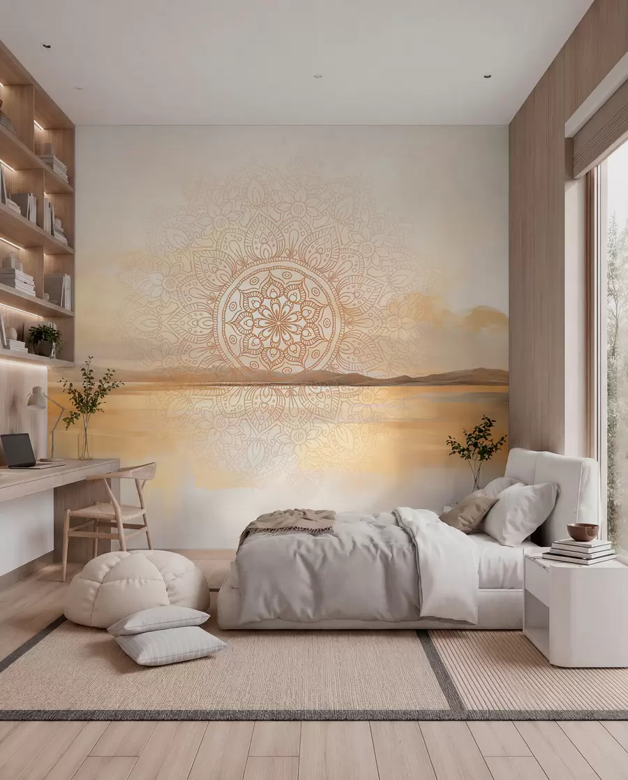 murales de pared Diseño mandala simétrico con textura superpuesto a un paisaje con mar, colinas y cielo, en suaves colores pastel w09491