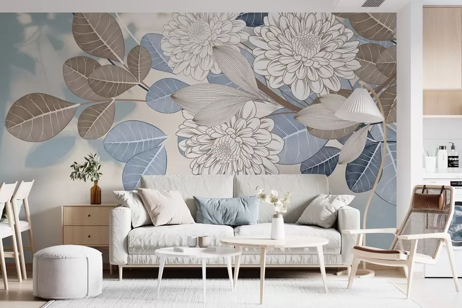 murales de pared Flores blancas con hojas azules y marrones, fondo azul claro con textura, arreglo floral, dibujo lineal detallado w09496