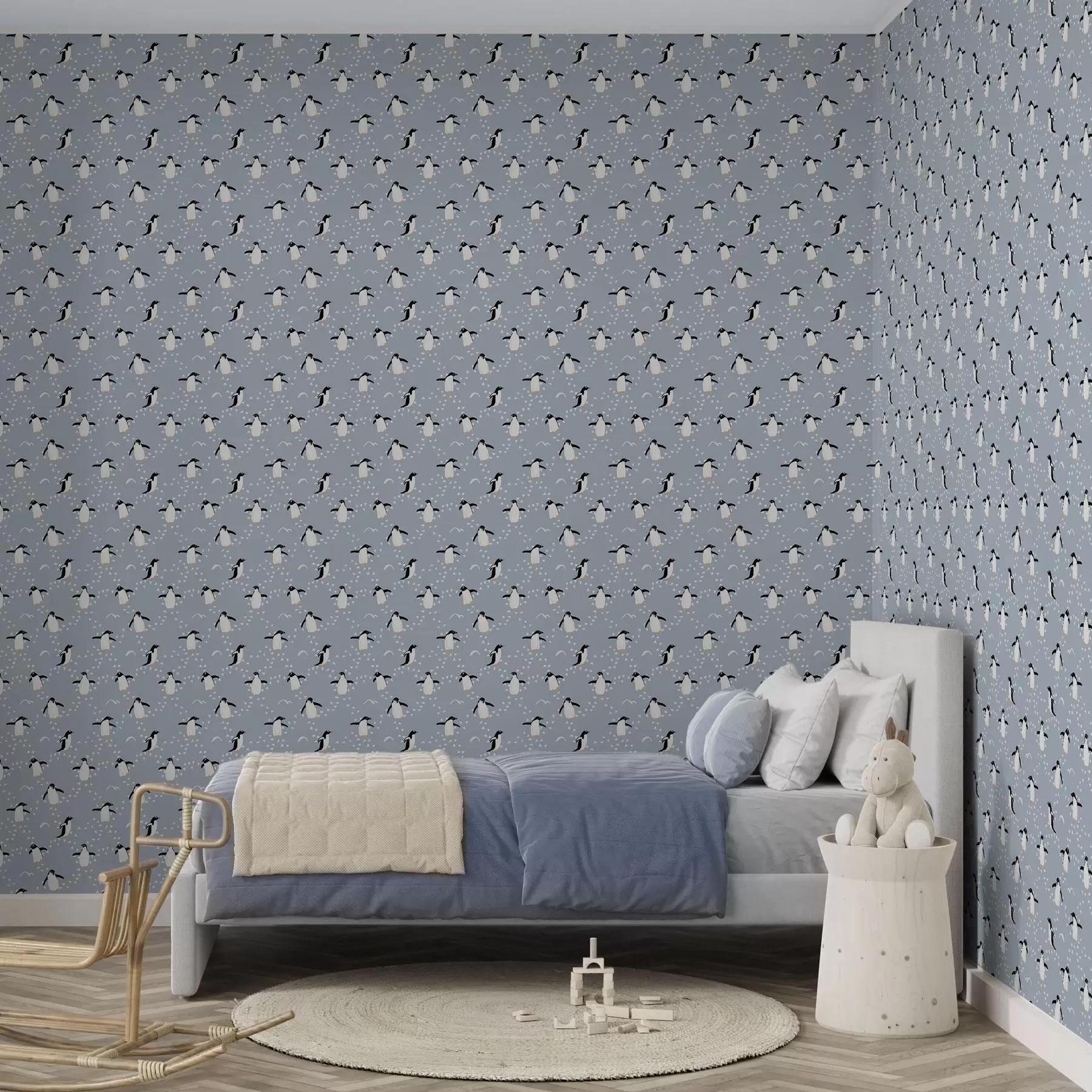 murales de pared Pingüinos sobre fondo gris azulado con huellas a00655