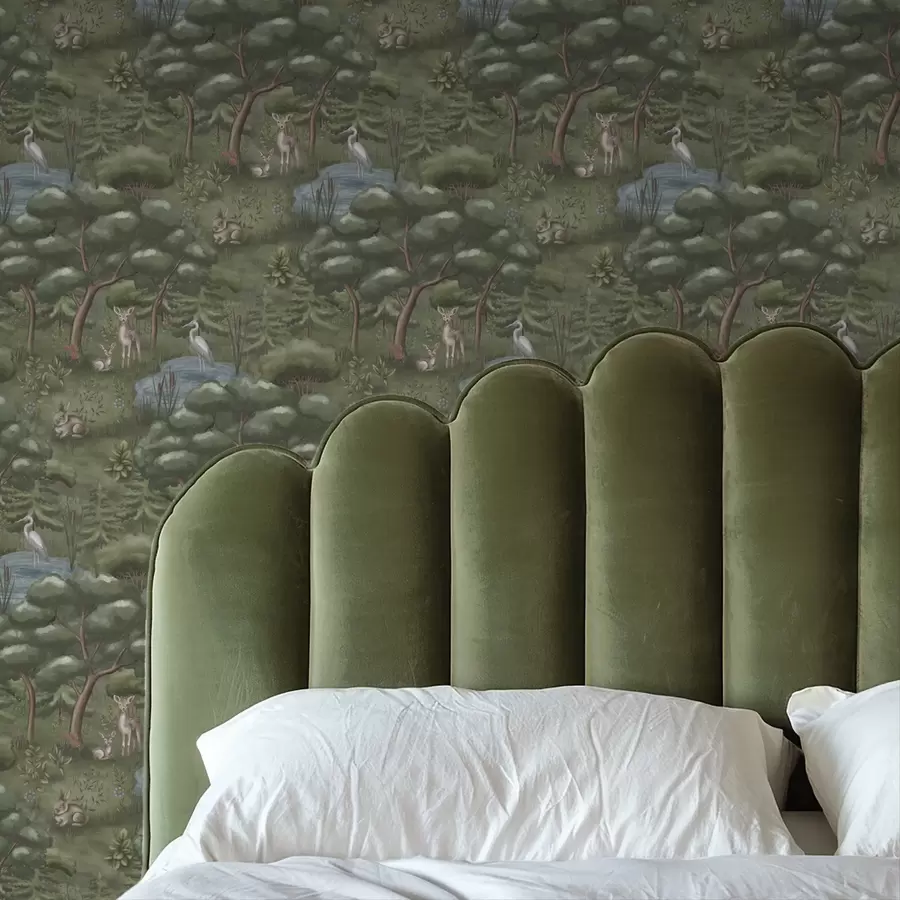 murales de pared Claro del bosque con cervatillos, conejos y garzas a00680