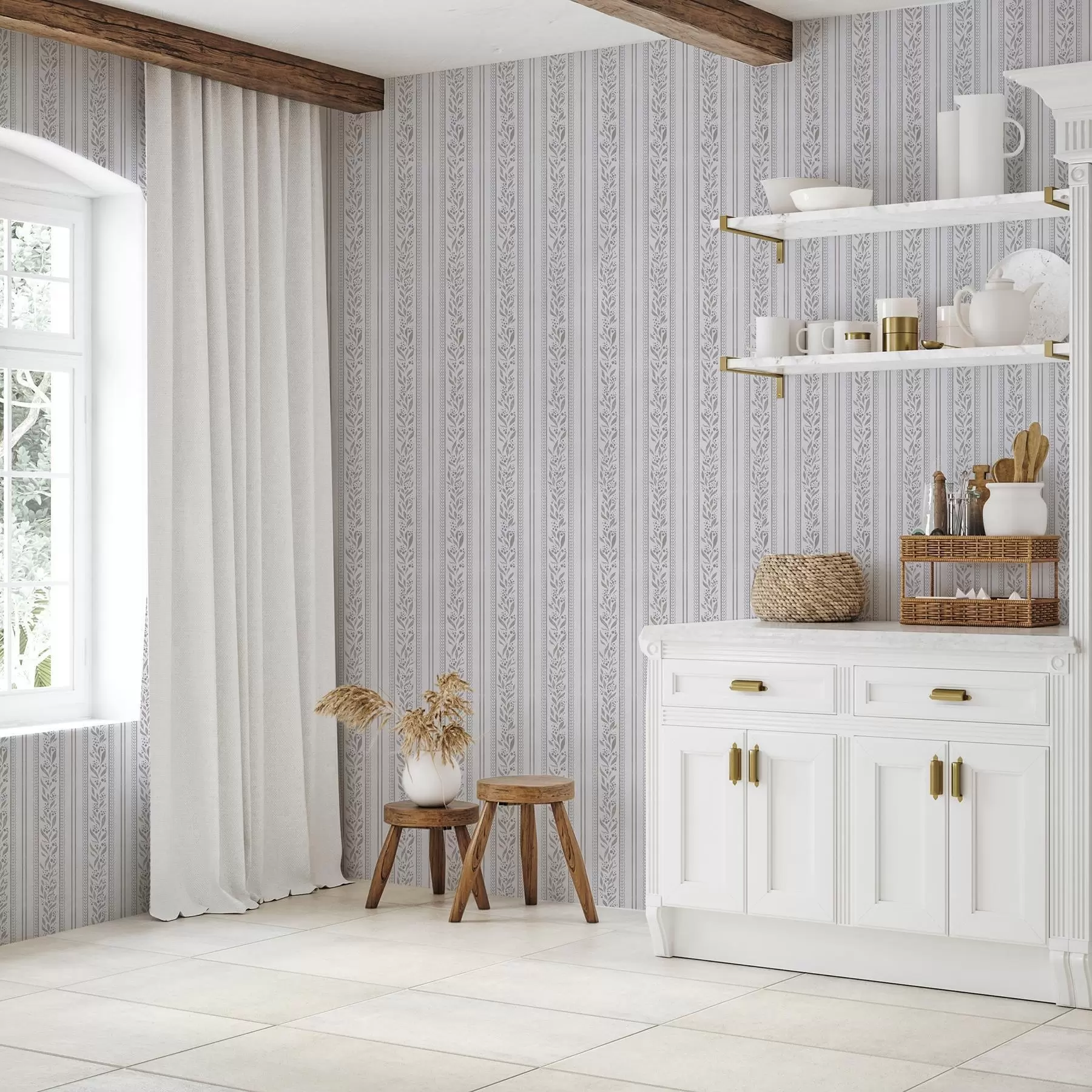 murales de pared Rayas con encaje y ramitas en blanco frío a00814v1