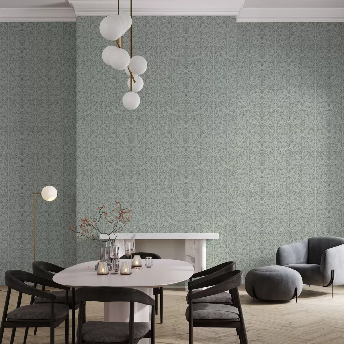 Papel pintado Lacy dispara sobre un fondo verde pastel, con una suave profundidad. a00815v3