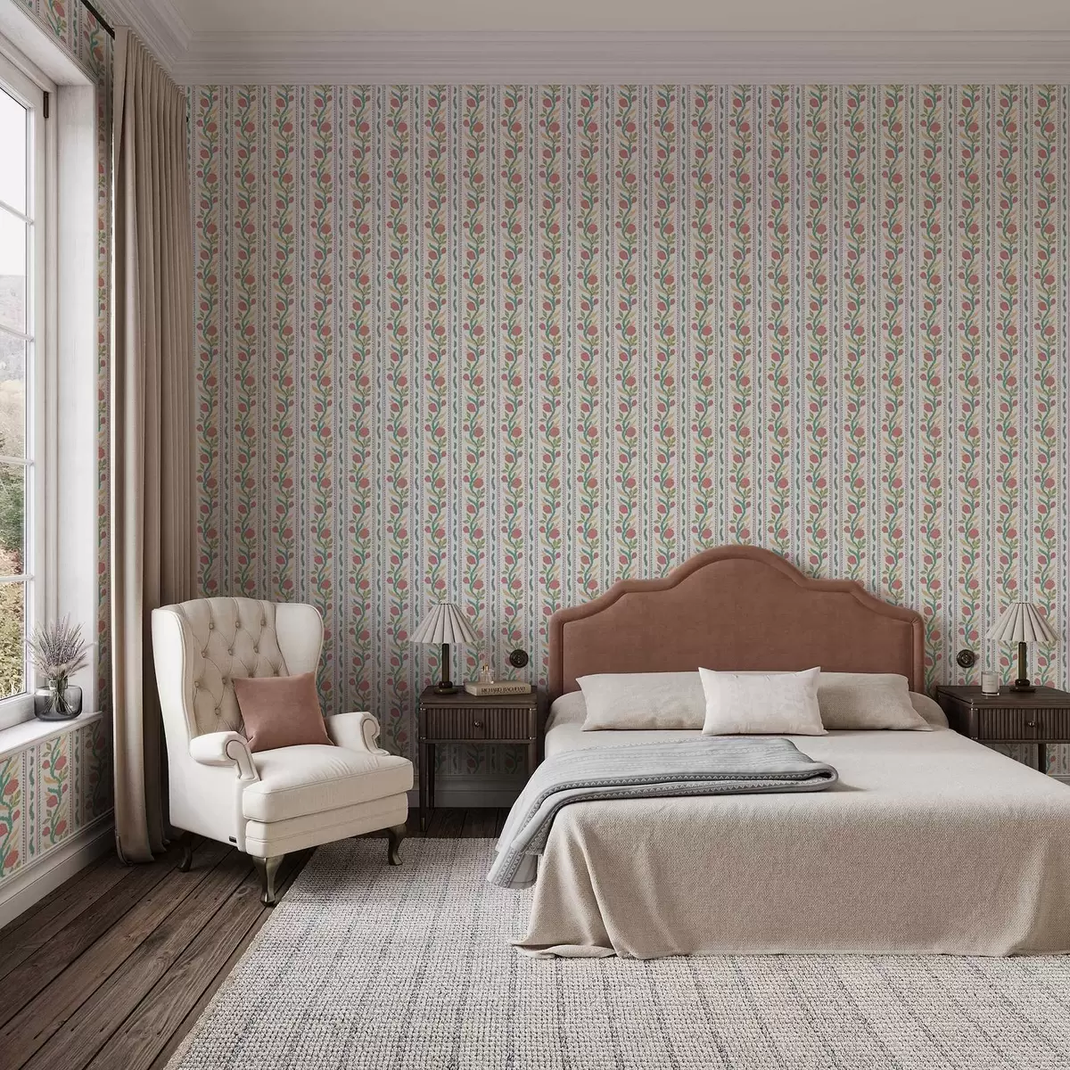 Papel pintado Rayas verticales con flores de coral y hojas turquesas. a00816