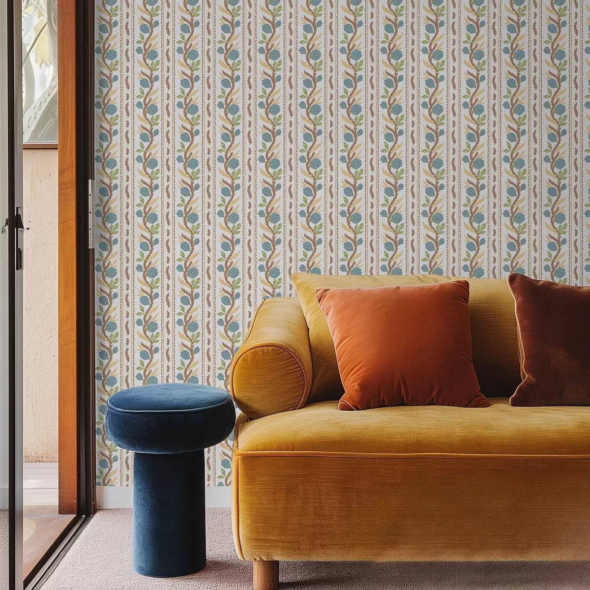 Papel pintado Rayas verticales con flores azules a00816v2 Papel pintado Rayas verticales con flores azules a00816v2