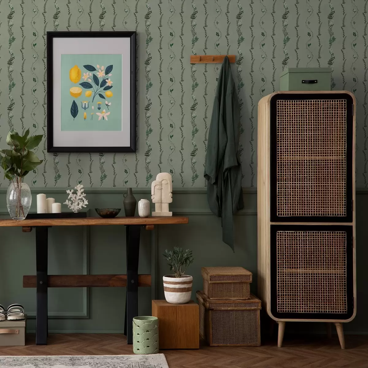 Papel pintado Enredaderas verticales y ramitas en verde apagado a00817v1 Papel pintado Enredaderas verticales y ramitas en verde apagado a00817v1