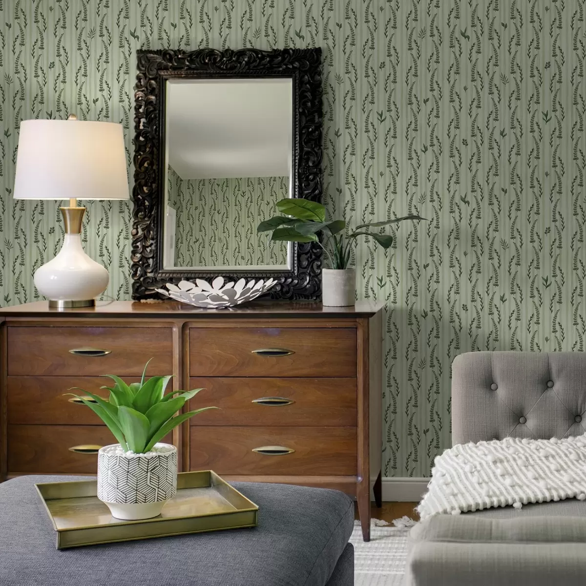 Papel pintado Hierbas verdes densas y brotes de menta con rayas a00819