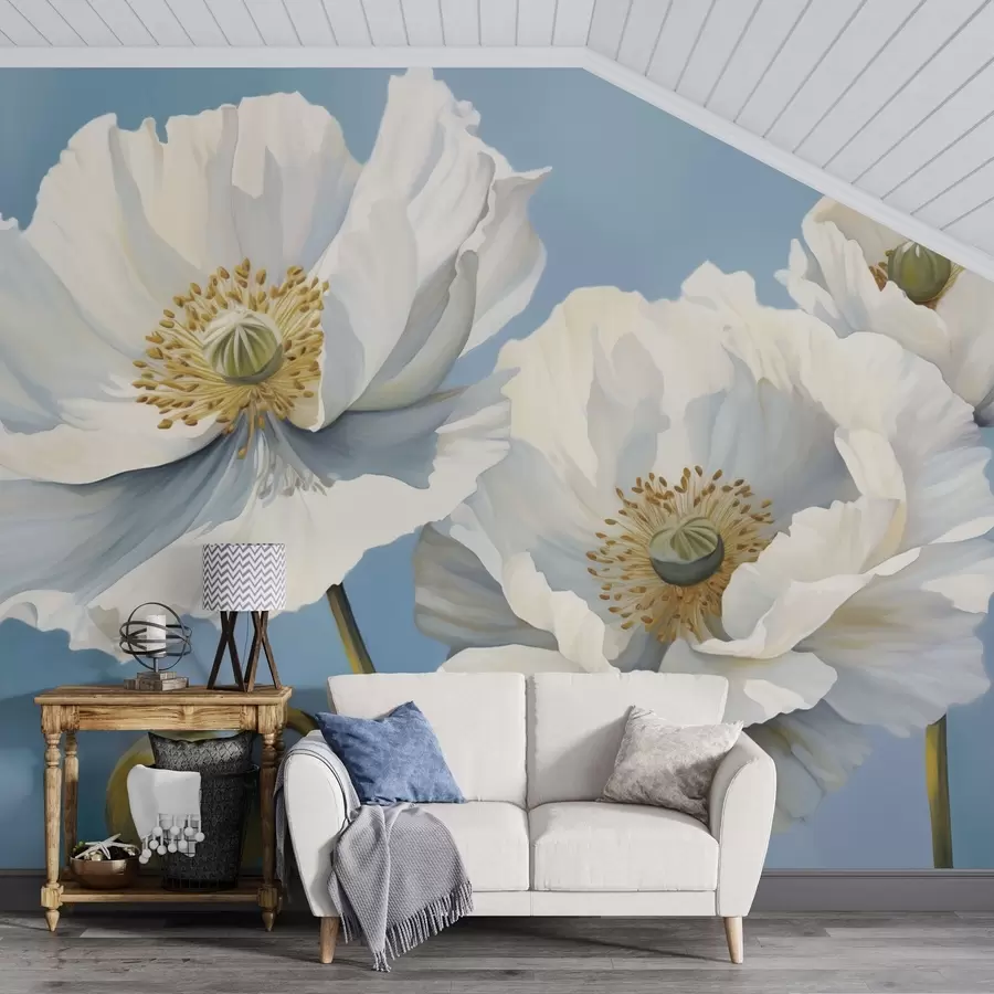 Murales de pared Amapolas blancas con pétalos grandes sobre un fondo azul cielo w04786 murales de pared Amapolas blancas con pétalos grandes sobre un fondo azul cielo w04786