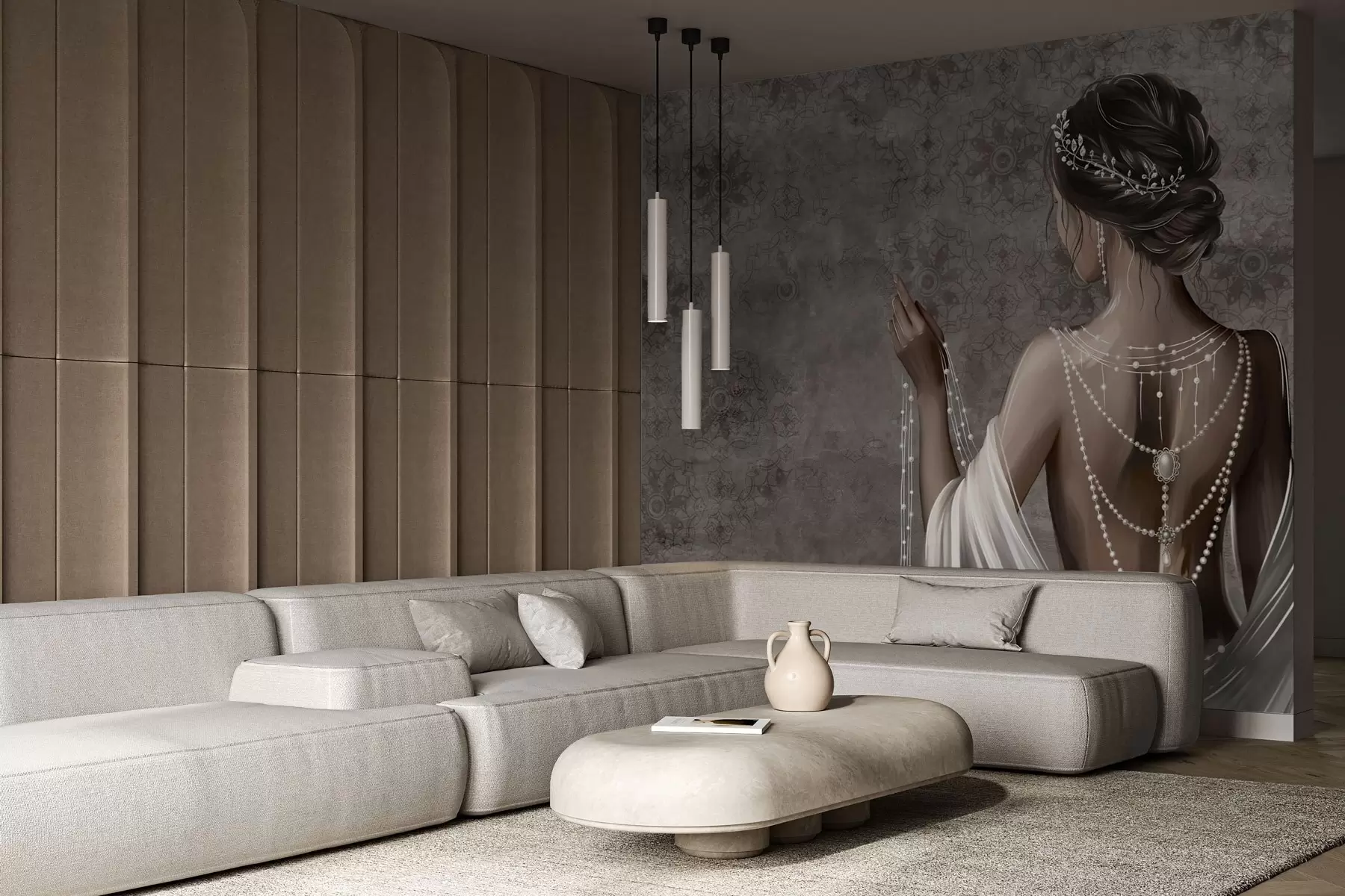 murales de pared Mujer vista desde atrás con perlas, fondo con patrón de piedras grises w04854