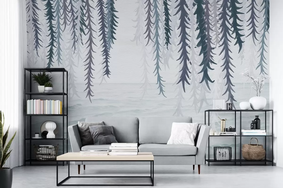 Murales de pared Delicadas enredaderas colgando sobre el agua, estilo acuarela. w04830v3 murales de pared Delicadas enredaderas colgando sobre el agua, estilo acuarela. w04830v3