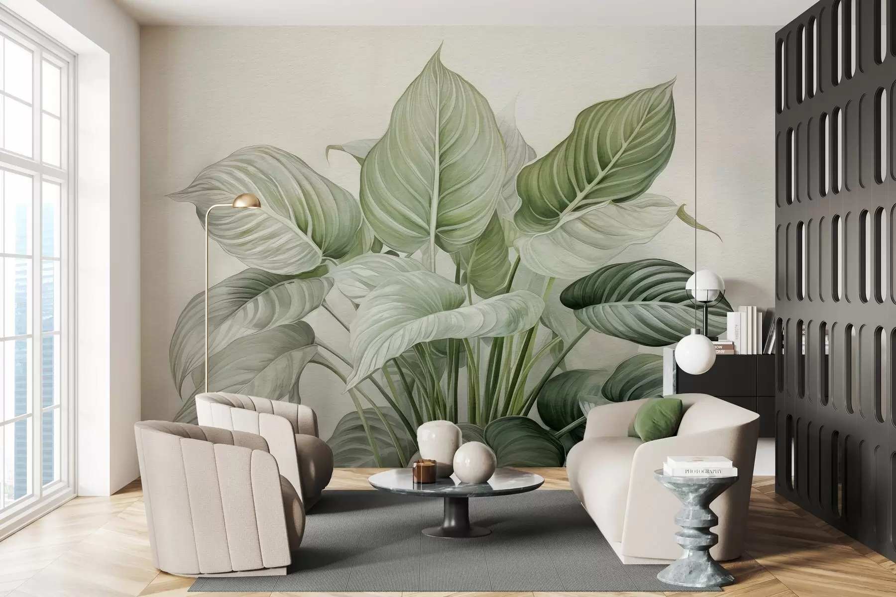 murales de pared Exuberante arbusto de hojas verdes en la pared w04835