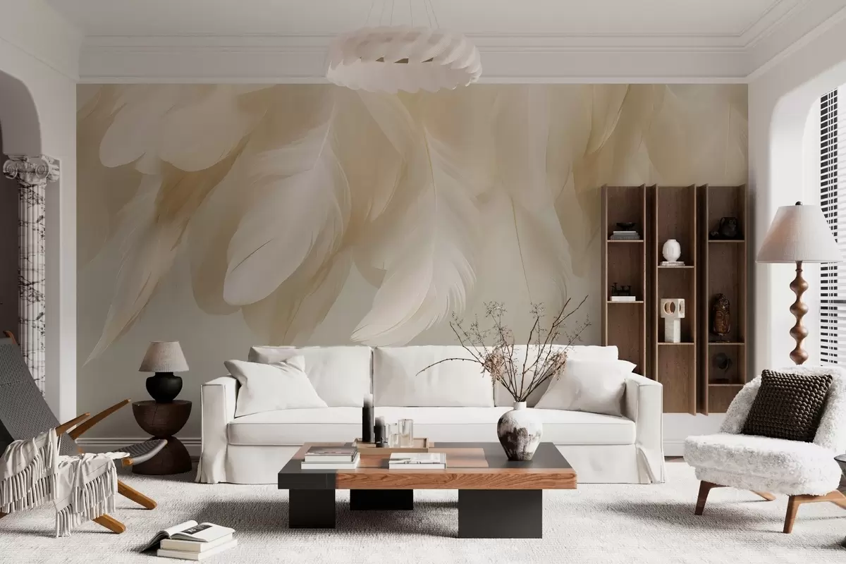 Murales de pared Plumas colgantes exuberantes y delicadas en tonos relajantes. w04842 murales de pared Plumas colgantes exuberantes y delicadas en tonos relajantes. w04842