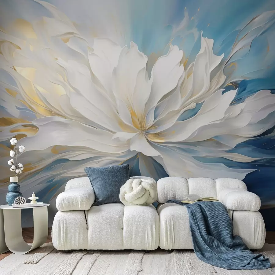 Murales de pared Gran peonía blanca en estilo pintura al óleo sobre fondo azul y amarillo. w09511 murales de pared Gran peonía blanca en estilo pintura al óleo sobre fondo azul y amarillo. w09511