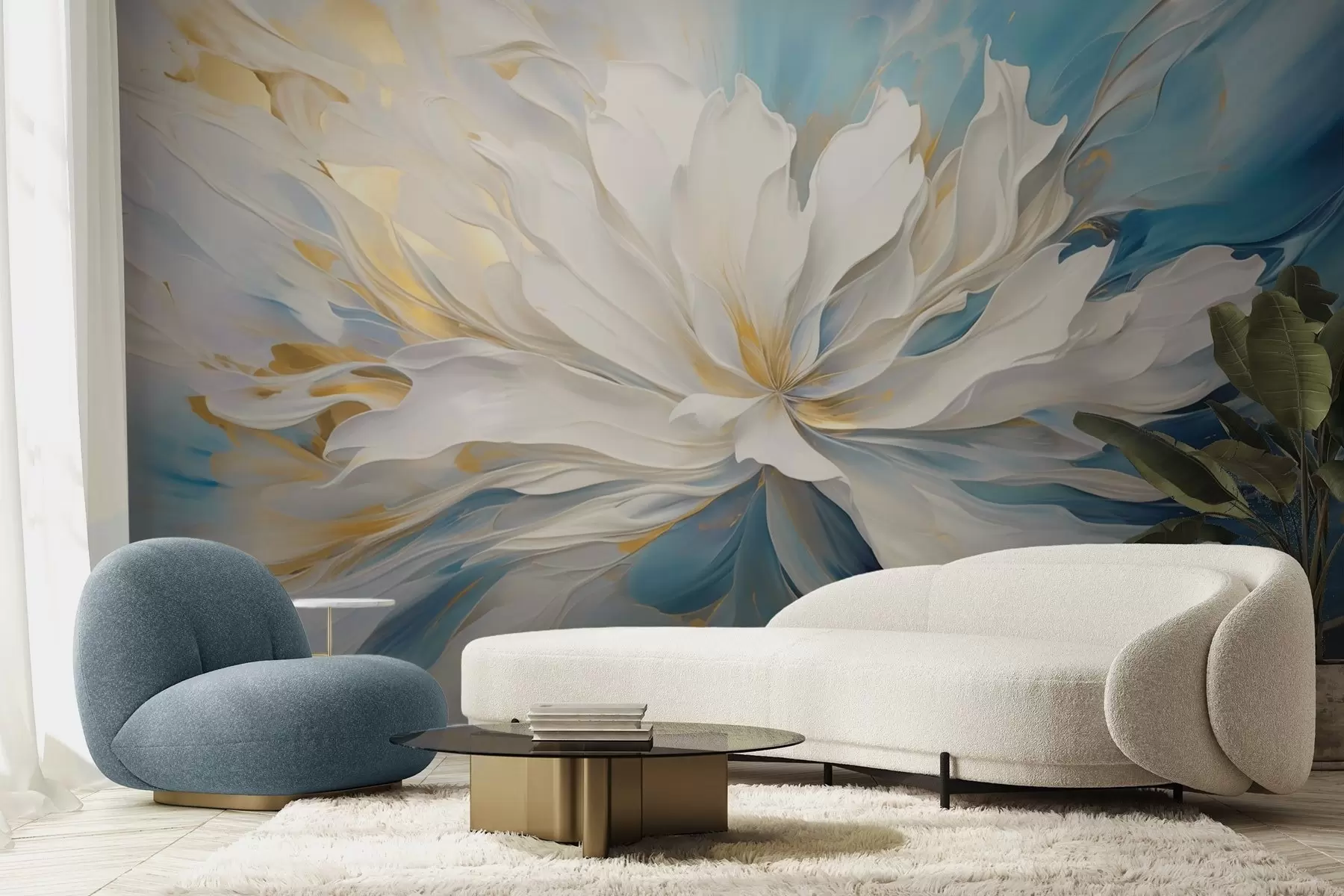 murales de pared Gran peonía blanca en estilo pintura al óleo sobre fondo azul y amarillo w09511
