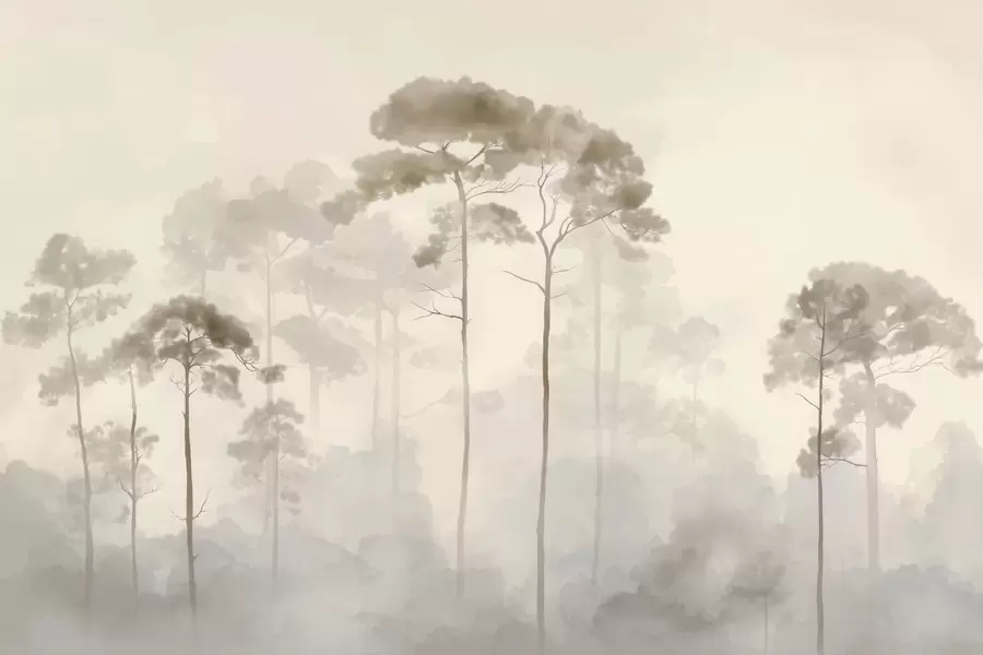 murales de pared siluetas ligeras de pinos en estilo acuarela w04634