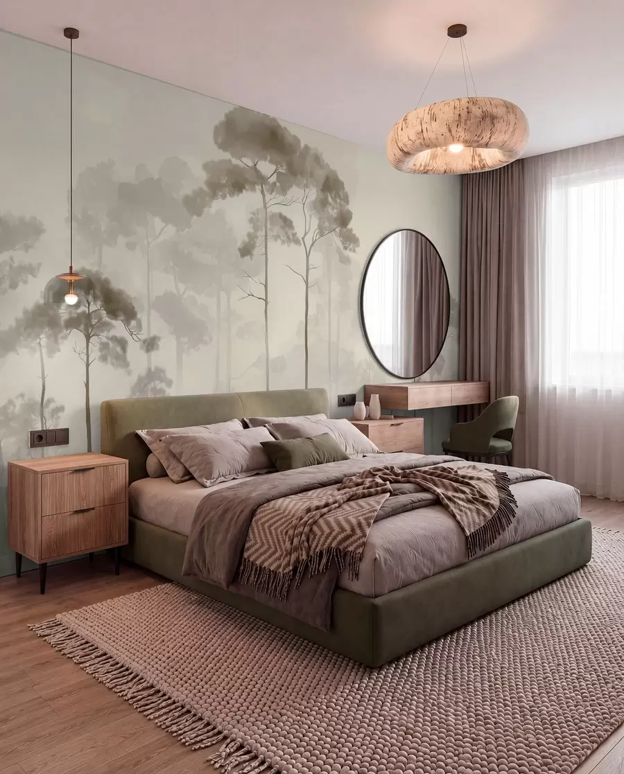 murales de pared siluetas ligeras de pinos en estilo acuarela w04634