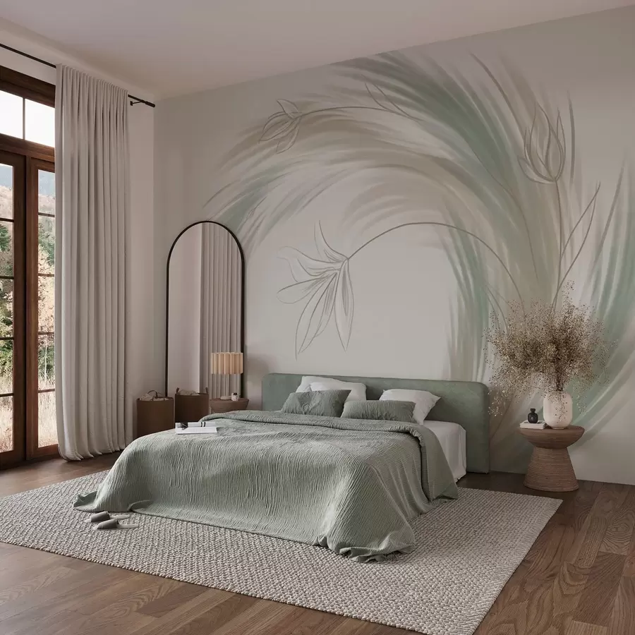 Murales de pared Plumas y flores verdes y beige, pintadas a mano. w04816 murales de pared Plumas y flores verdes y beige, pintadas a mano. w04816
