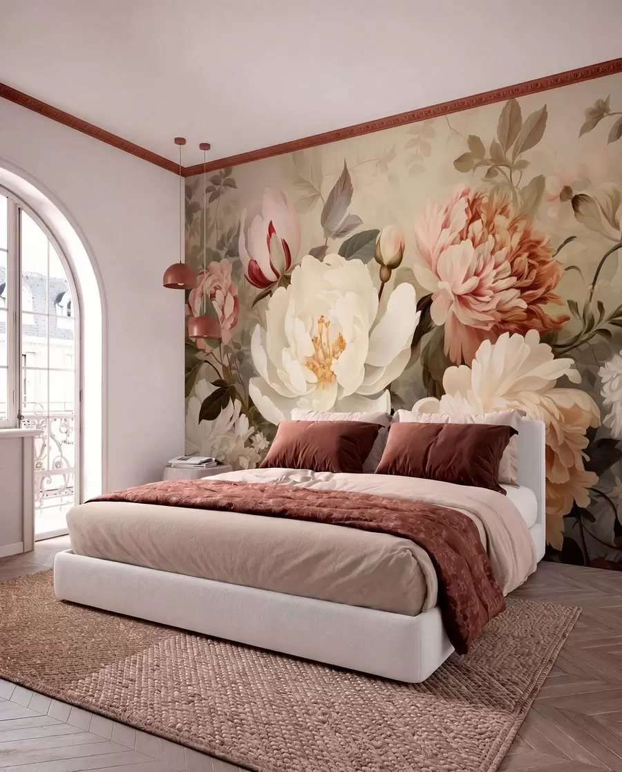 murales de pared Delicadas peonías y crisantemos en tonos pastel w09350