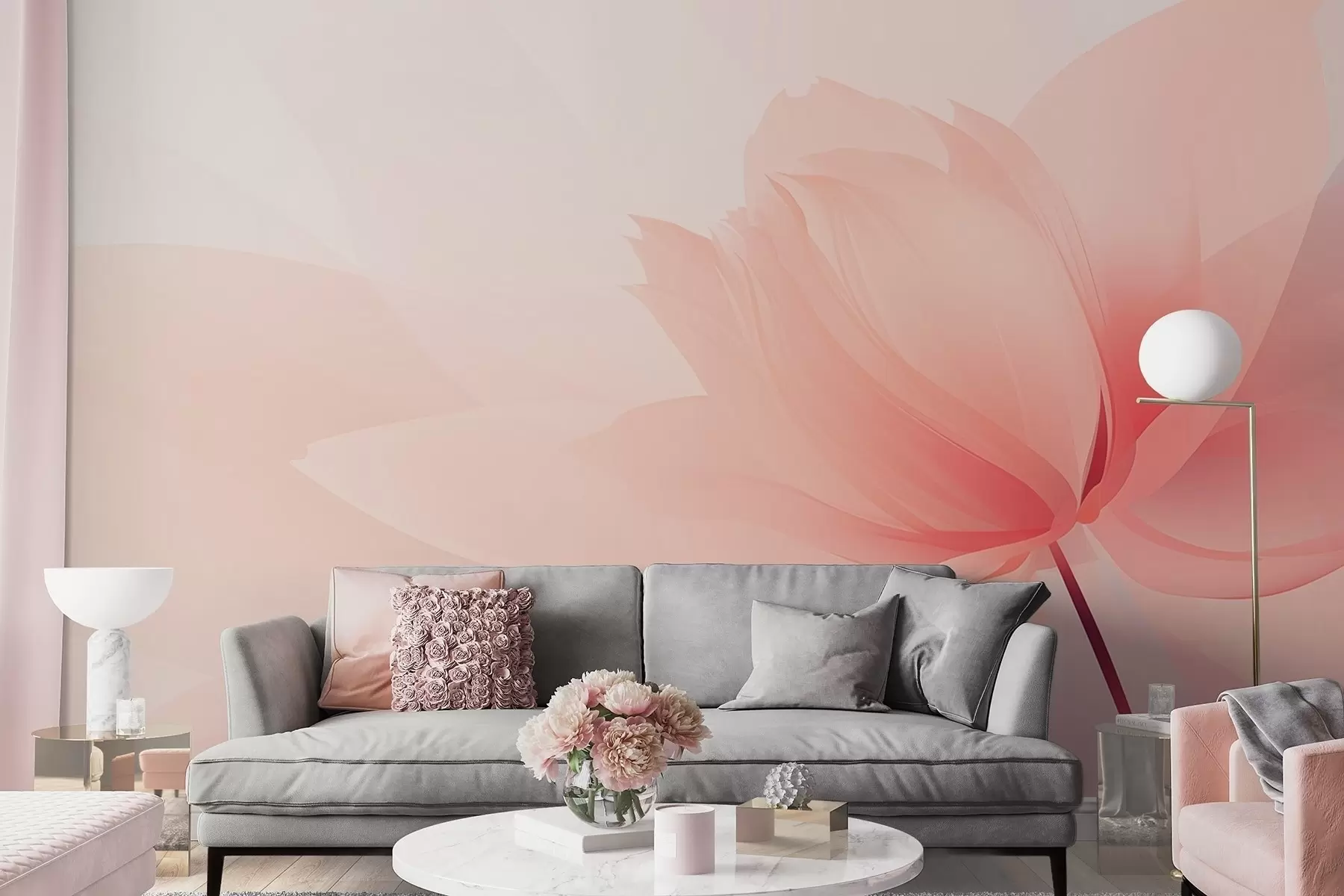 murales de pared Flor grande en suaves tonos rosa melocotón w09356