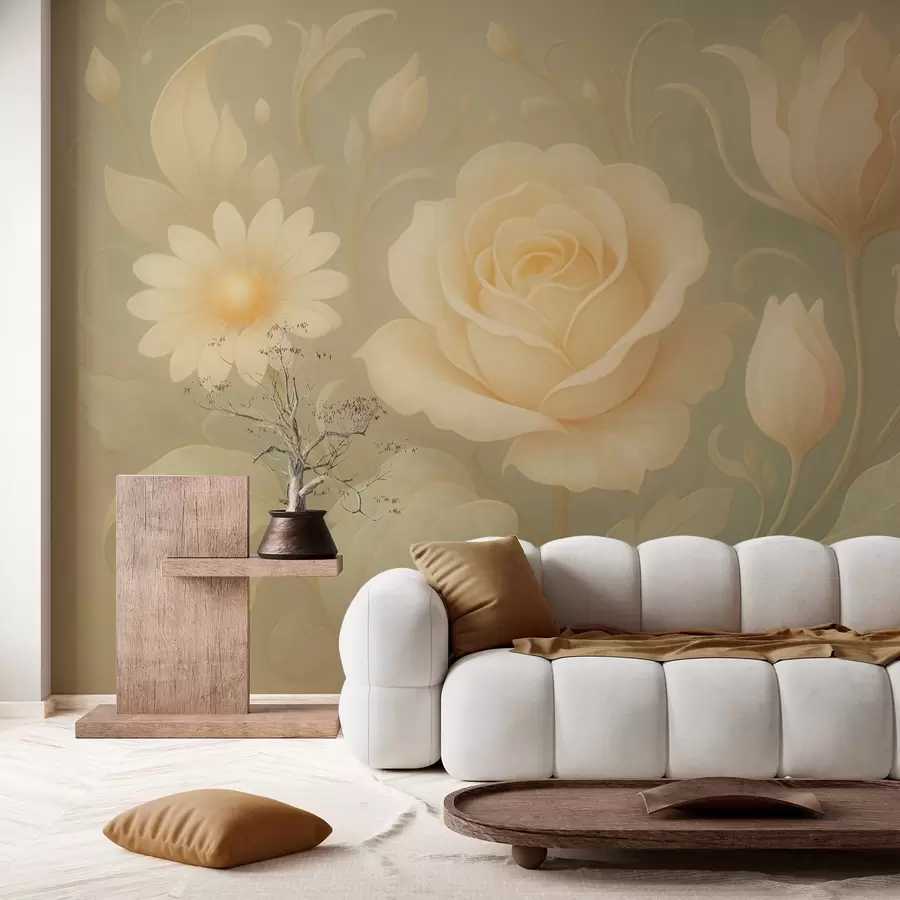 Murales de pared Delicada composición vintage con rosas beige sobre fondo verde claro. w09499 murales de pared Delicada composición vintage con rosas beige sobre fondo verde claro. w09499