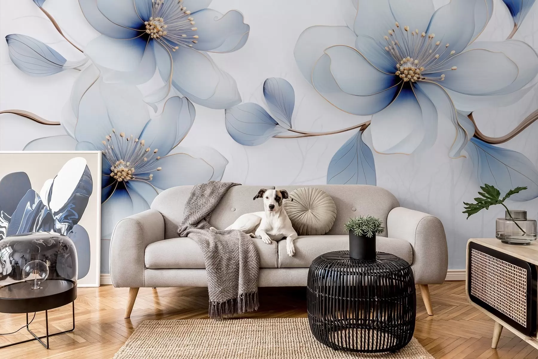 murales de pared Elegante composición floral de magnolia en tonos azules w09520