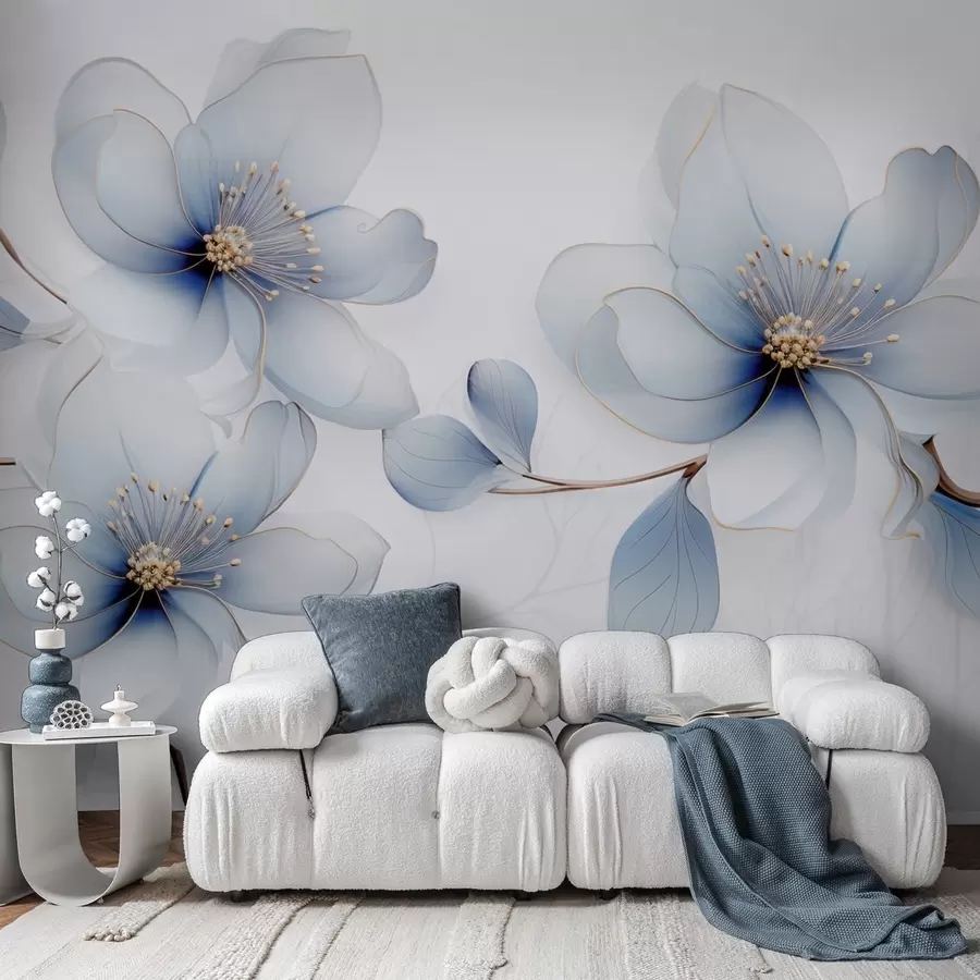 Murales de pared Elegante composición floral de magnolia en tonos azules. w09520 murales de pared Elegante composición floral de magnolia en tonos azules. w09520
