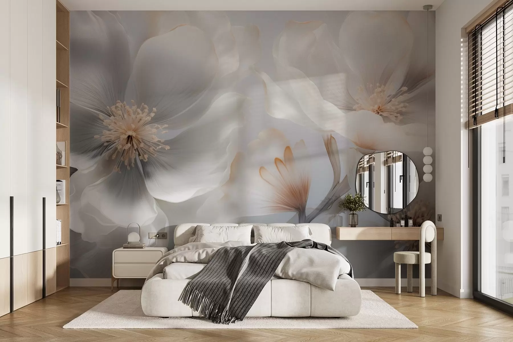murales de pared Flores nacaradas en tonos beige grisáceo y crema lechoso w09527
